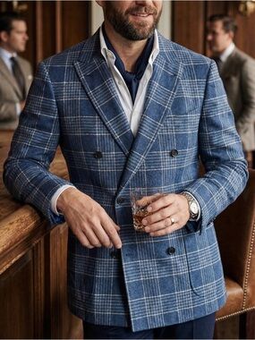Canali Kei Double-Breasted Navy Plaid Sport Coat 40R